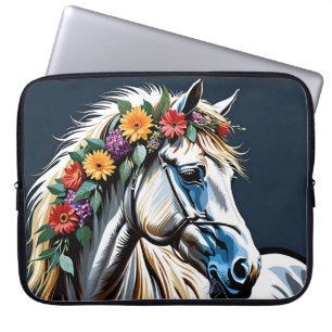 White Horse Floral With Dark Background Laptop Sleeve