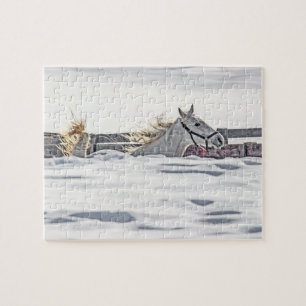 White Horse Galloping In Snow Jigsaw Puzzle