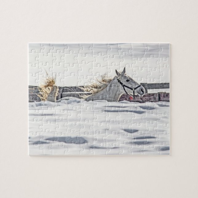 White Horse Galloping In Snow Jigsaw Puzzle (Horizontal)