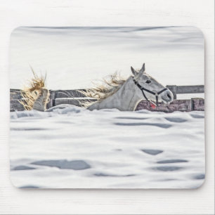 White Horse Galloping In Snow Mouse Pad