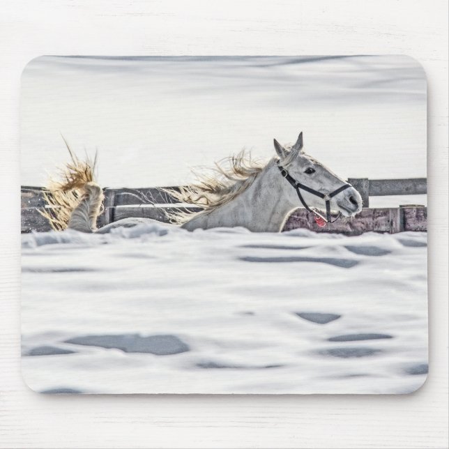 White Horse Galloping In Snow Mouse Pad (Front)