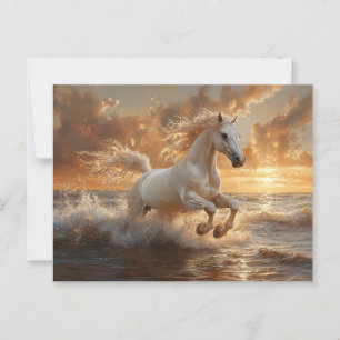 White Horse Galloping Through Ocean Waves Postcard