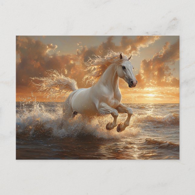 White Horse Galloping Through Ocean Waves Postcard (Front)