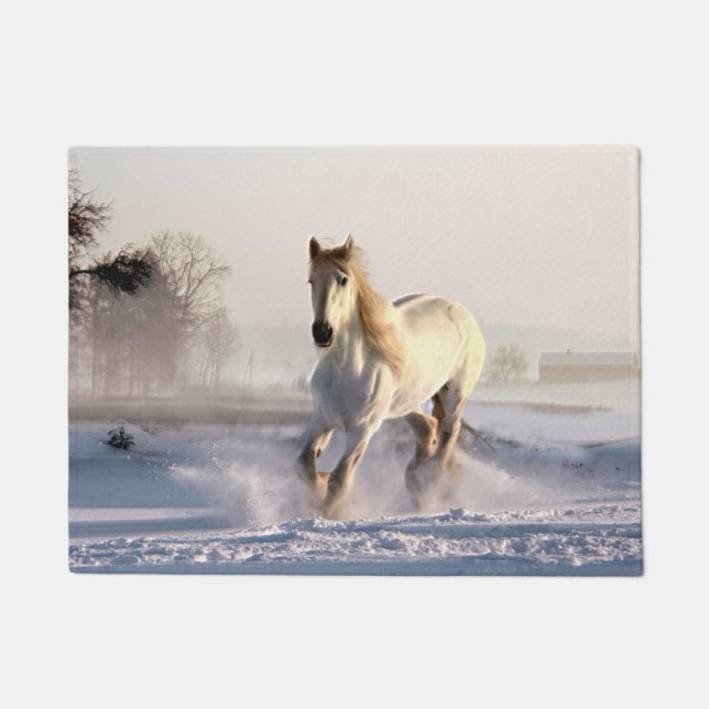 White Horse Galloping Through the Winter Snow Doormat (Front)