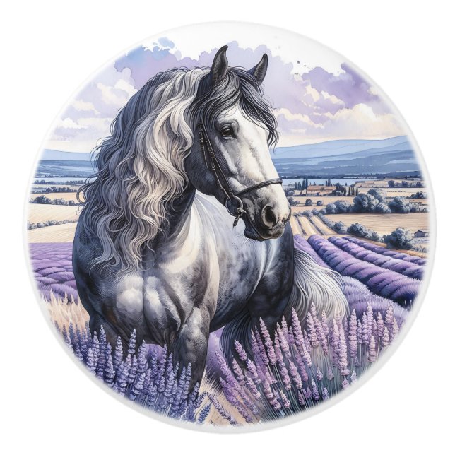White Horse in a Lavender Field Ceramic Knob (Front)