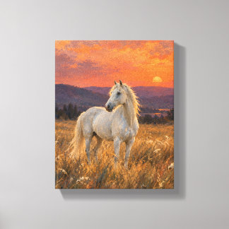 White Horse in a Persimmon Meadow - Sunset Animal Canvas Print