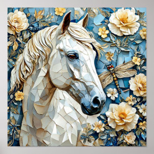 🐎 White Horse In Blooming Flowers Elegant Nature Poster