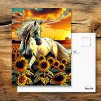 White Horse in Field of Sunflowers at Sunset