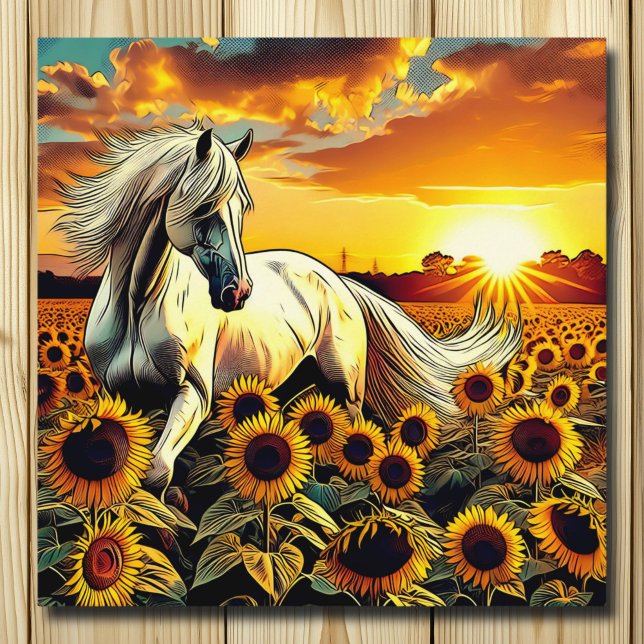 White Horse in Field of Sunflowers at Sunset Poster (Creator Uploaded)