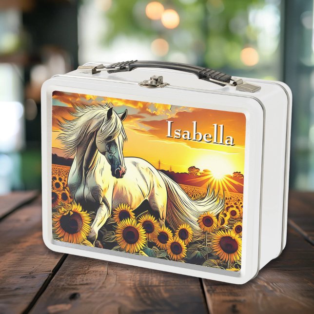 White Horse in Field of Sunflowers Personalised Metal Lunch Box (Creator Uploaded)