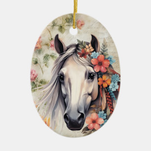 White horse in flowers. Ceramic Ornament