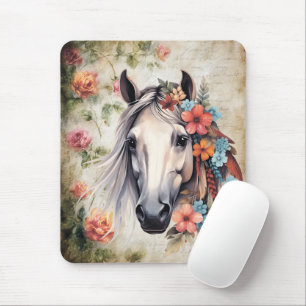 White horse in flowers. Mouse Pad