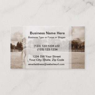 white horse in pasture grazing sepia business card