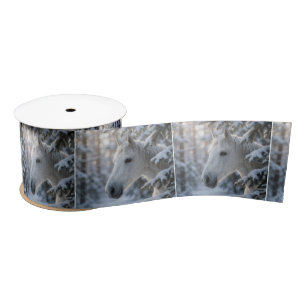 White Horse In Snowy Pine Tree Satin Ribbon