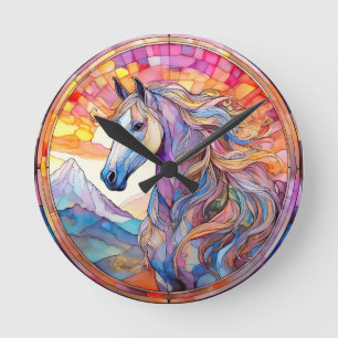 White Horse in Stained Glass Round Clock