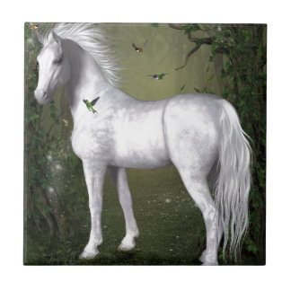 White Horse in the Woods with Hummingbirds Ceramic Tile