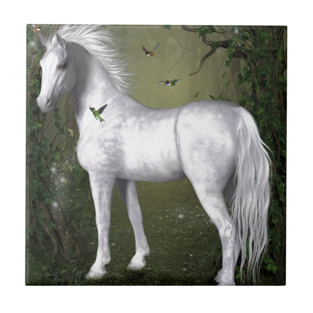 White Horse in the Woods with Hummingbirds Ceramic Tile (Front)