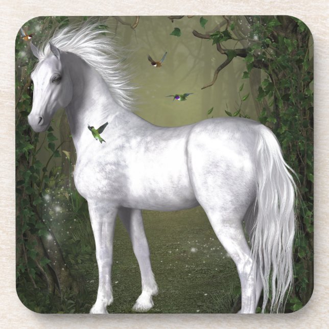 White Horse in the Woods with Hummingbirds Coaster (Front)