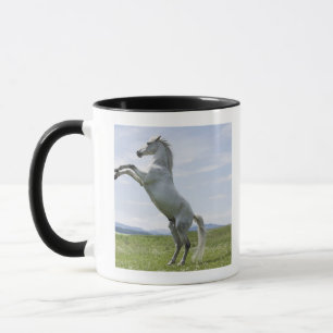 white horse jumping on meadow mug