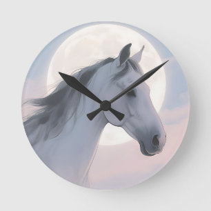 White Horse Moonlit Portrait Round Clock