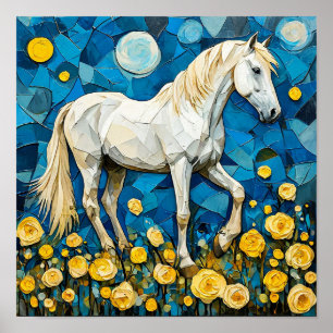 🐎 White Horse Mosaic Blue Floral Fantasy Art  Poster