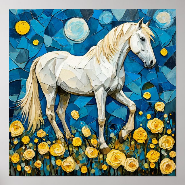 🐎 White Horse Mosaic Blue Floral Fantasy Art  Poster (Front)