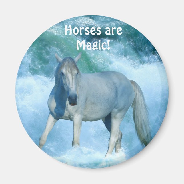 White Horse & Ocean Surf Equine Art Magnet (Front)