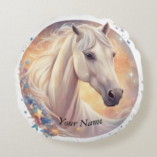 white horse, pastel round cushion