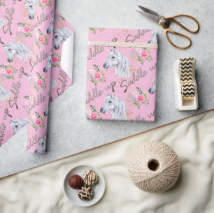 White Horse Pink Birthday Girl Cowgirl  Wrapping Paper