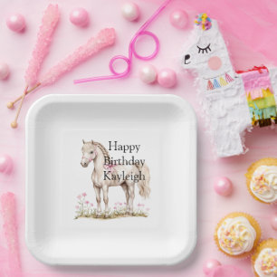 White Horse Pink Bow Floral Birthday Paper Plate