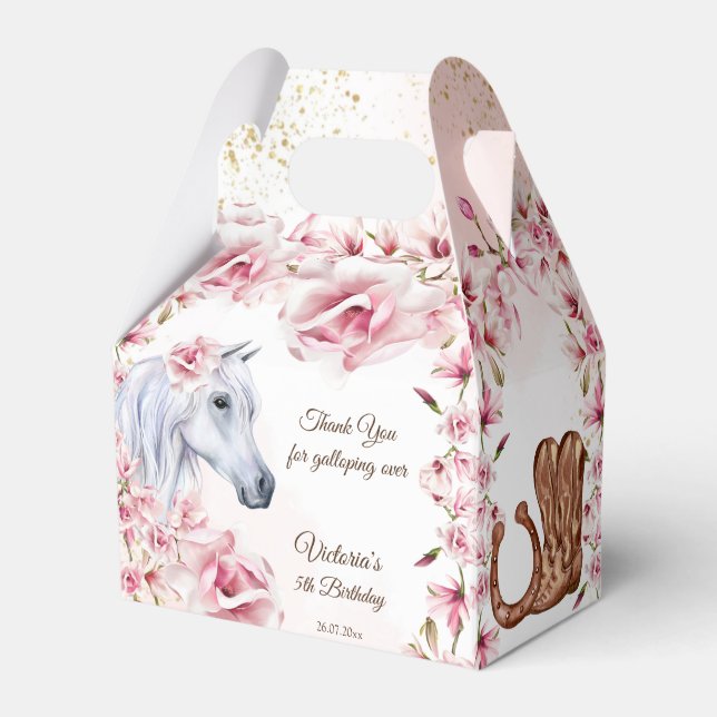 White horse pink flowers cowgirl birthday party favour box (Front Side)