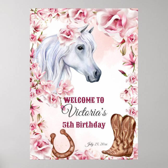 White horse pink flowers cowgirl birthday welcome  poster (Front)