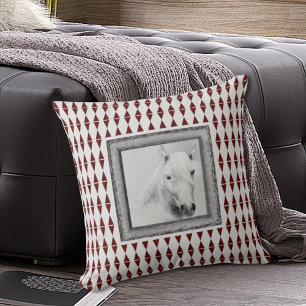White Horse Portrait Burgundy Harlequin Art Cushion