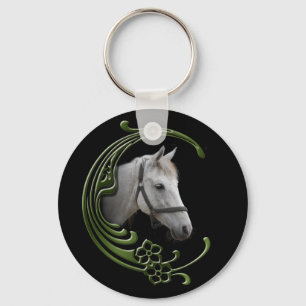 White Horse Portrait Floral Swirls Decor Key Ring