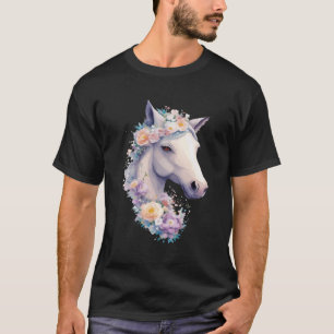 White Horse Portrait With Flowers Cowgirl Horsebac T-Shirt