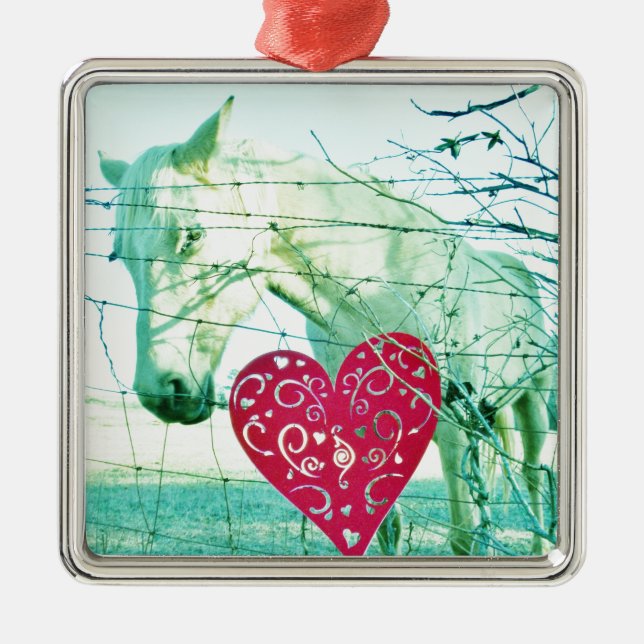 White Horse Red Heart Valentine Metal Ornament (Front)