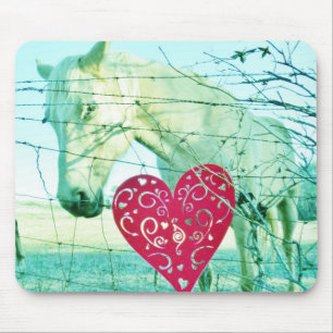 White Horse Red Heart Valentine Mouse Pad