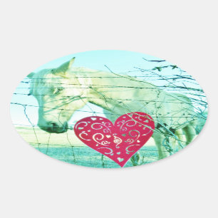 White Horse Red Heart Valentine Oval Sticker