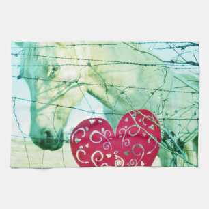 White Horse Red Heart Valentine Tea Towel