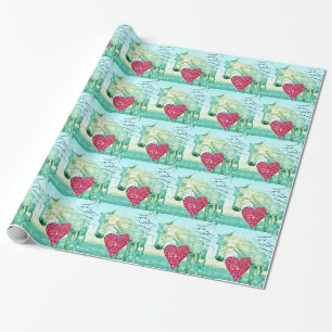 White Horse Red Heart Valentine Wrapping Paper