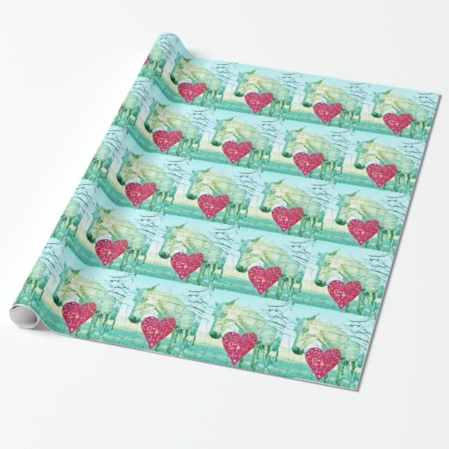 White Horse Red Heart Valentine Wrapping Paper (Unrolled)