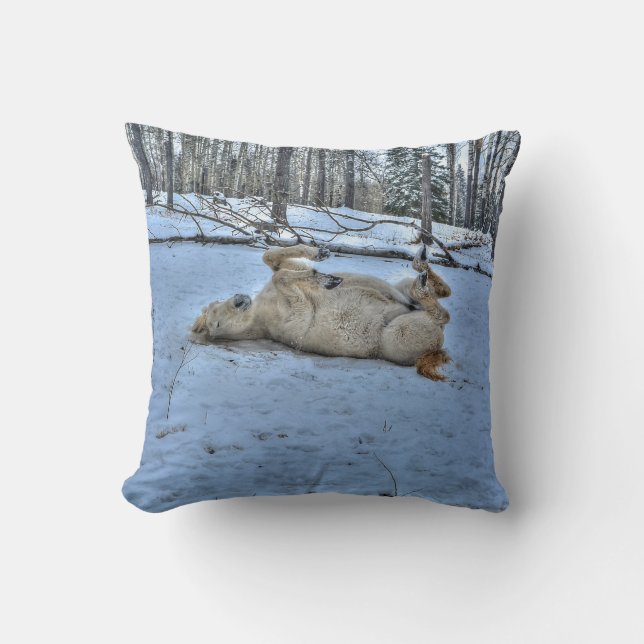 White Horse Rolling in Winter Snow Cushion (Front)