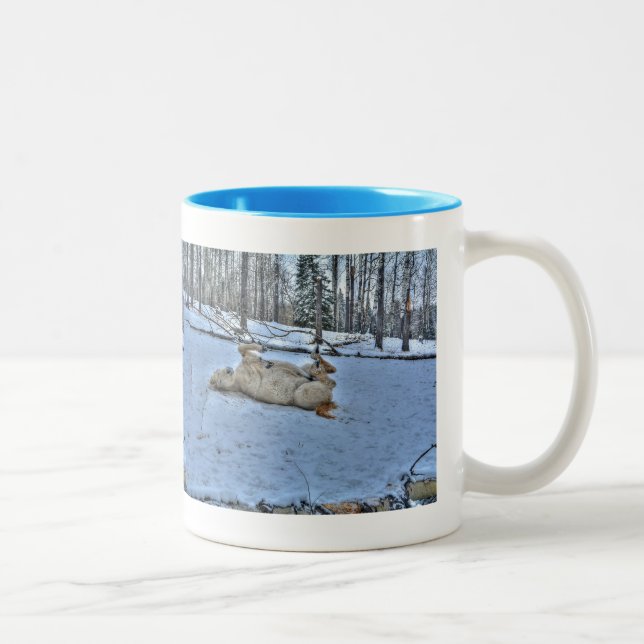 White Horse Rolling in Winter Snow Two-Tone Coffee Mug (Right)