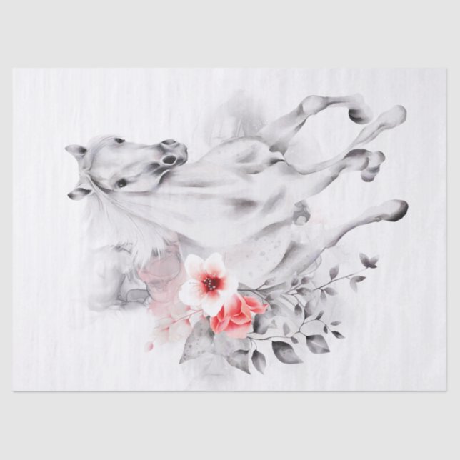 White Horse Rose Cherry Blossom Watercolor Tissue Paper (Front)