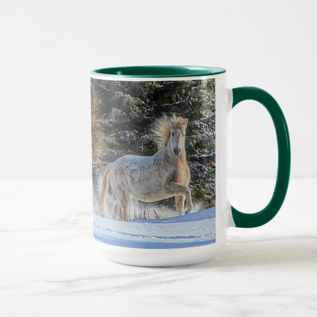 White Horse Running in Winter Snow Photo Mug (Right)