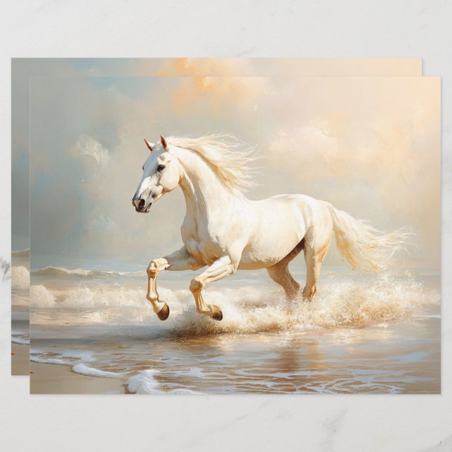 White Horse Running on the Beach Scrapbook Paper (Front/Back)