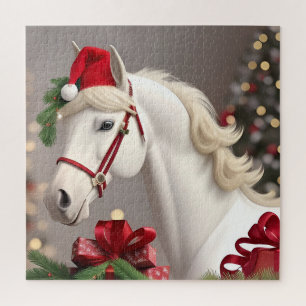 White Horse Santa Hat Christmas Scene For Holiday Jigsaw Puzzle