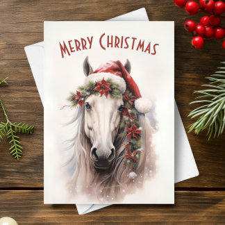 White Horse Santa Hat Red Poinsettias Christmas Card