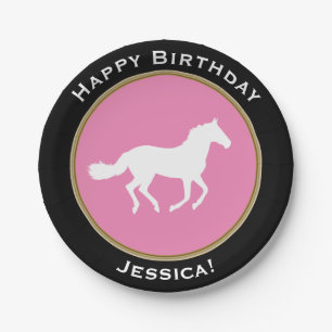 White Horse Silhouette Happy Birthday with Name Paper Plate