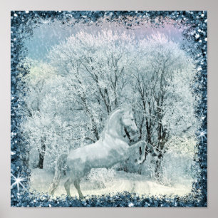 White Horse Snowy Forest  Poster